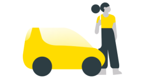 Dessin d'une femme posant à côté d'une voiture jaune