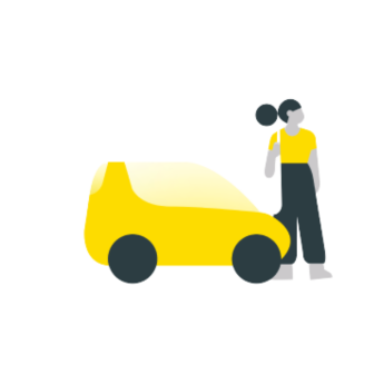 Dessin d'une femme posant à côté d'une voiture jaune