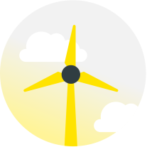 Illustration d'une éolienne jaune sur un fond de ciel avec nuages